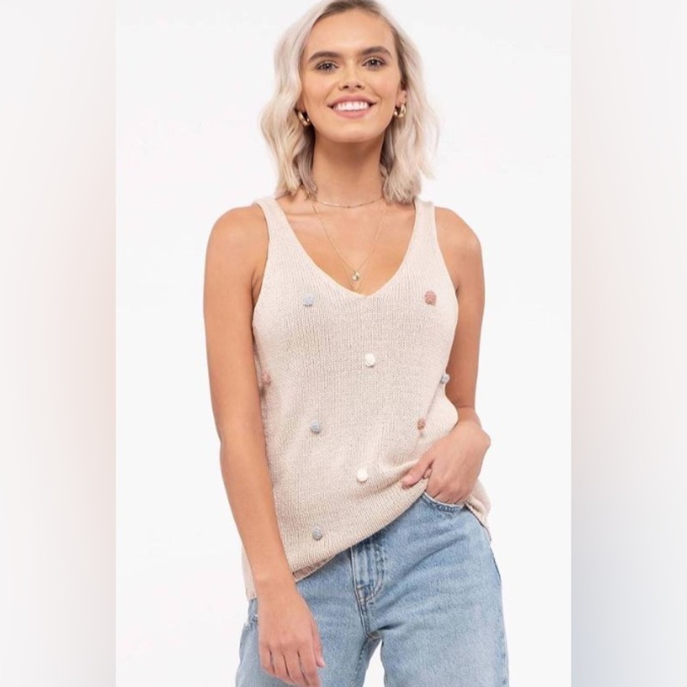 Blu Pepper Pom Pom Knit Sweater Tank Top Size Small Beige Multi V Neck NWT - Picture 3 of 9